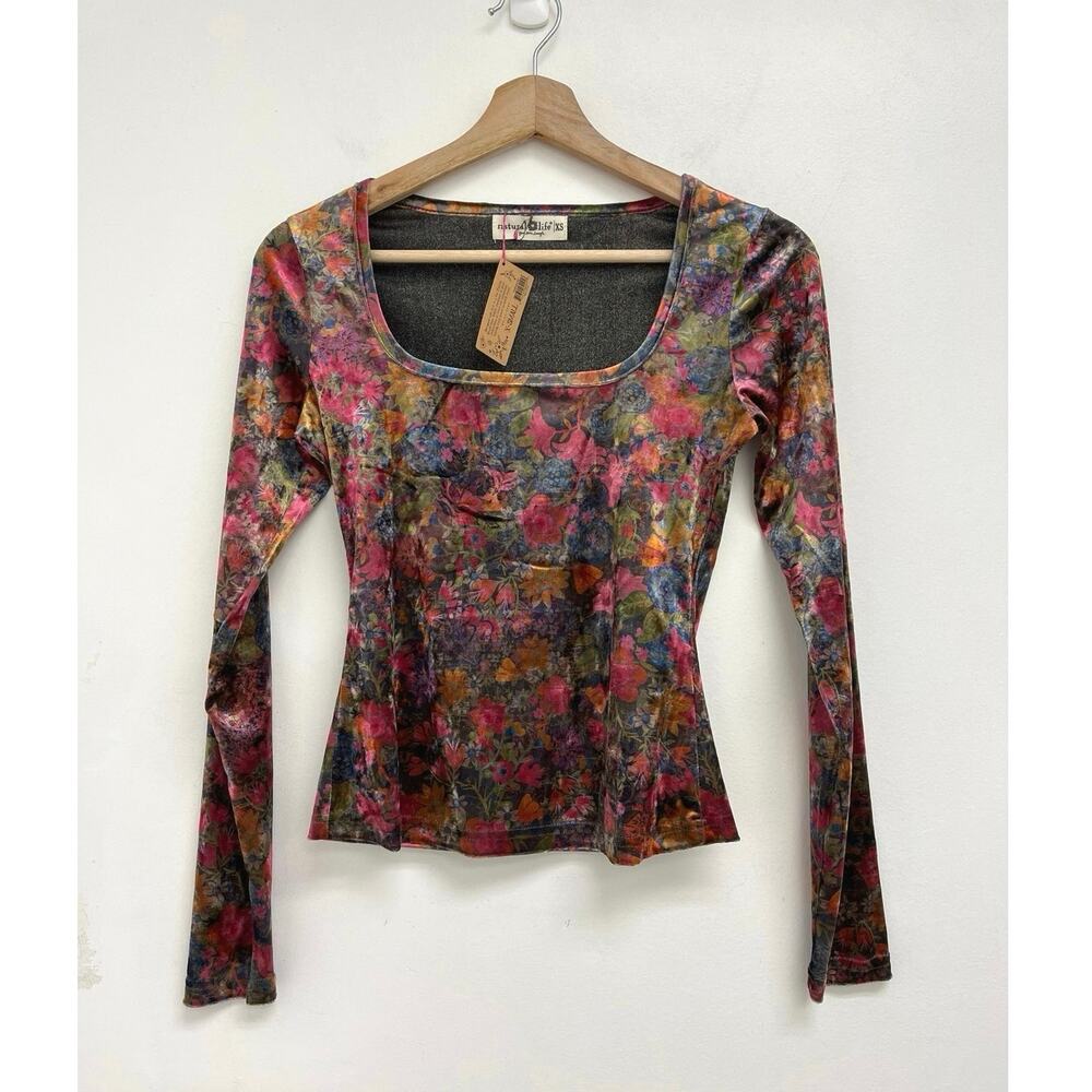 NWT Natural Life Danielle Square Neck Crushed Velvet Top Floral Fairy Boho XS
